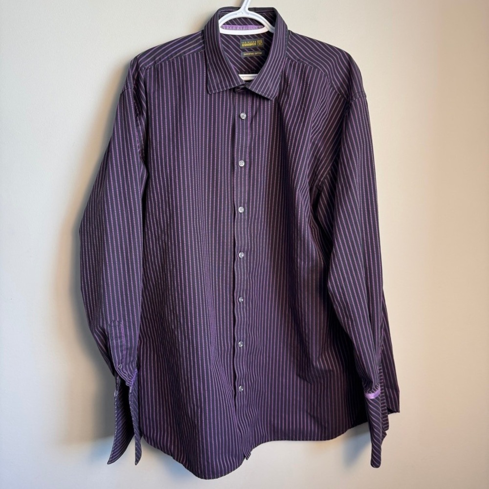 Ted Baker Endurance Striped Long Sleeve Button Down Shirt Purple Black Mens 18.5
